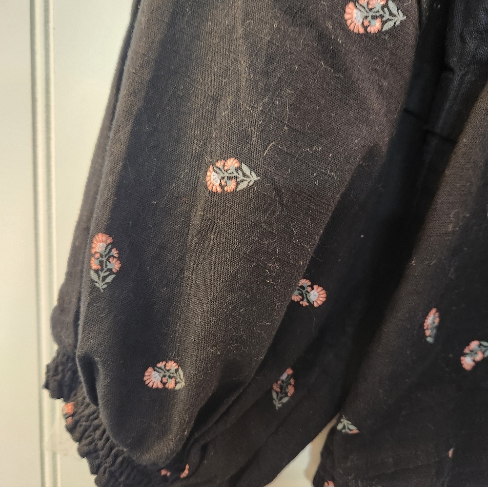 Old Navy Women Black Floral Print Peasant Tunic Top Size L Whimsygoth Boho Flowy - Picture 5 of 13